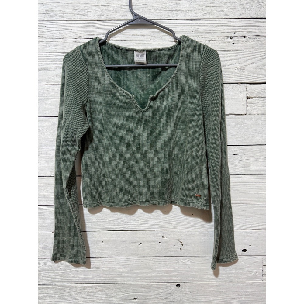 PINK Victoria's Secret Thermal Top Womens XL Green Excellent Waffle Knit Crop
